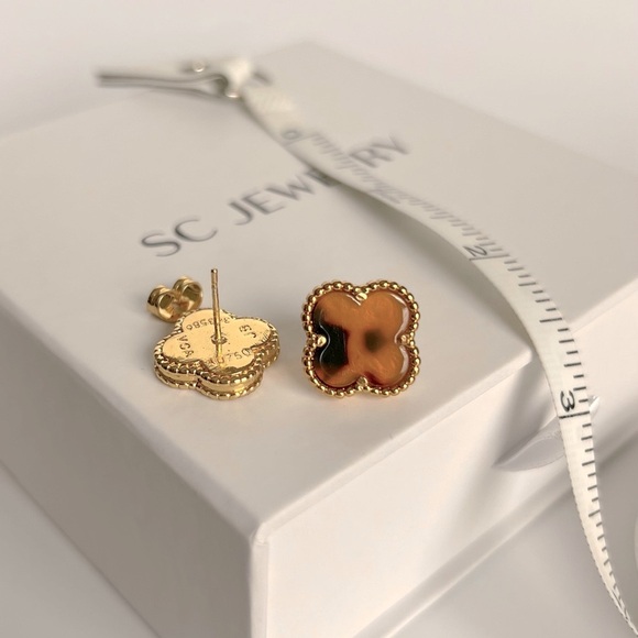 Clover Earrings Tiger Eye Onyx Stone Stud Earrings Luxury Jewelry - Picture 3 of 12